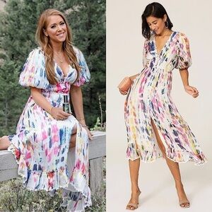 HEMANT & NANDITA Puff Short Sleeve V-Neck Watercolor Button Front‎ Midi Dress S